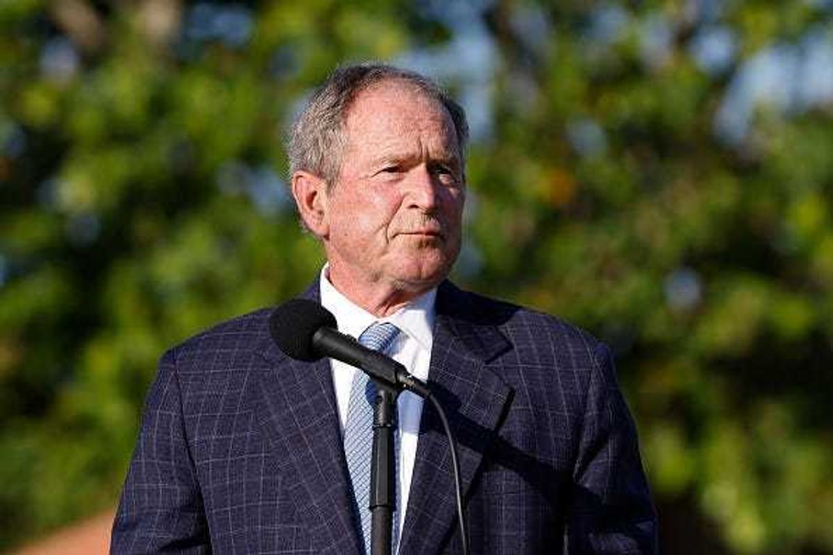 Former U.S. President George W. Bush speaks during the flag raising ceremony prior to The Walker Cup at Seminole Golf Club on May 07, 2021 in Juno Beach, Florida.