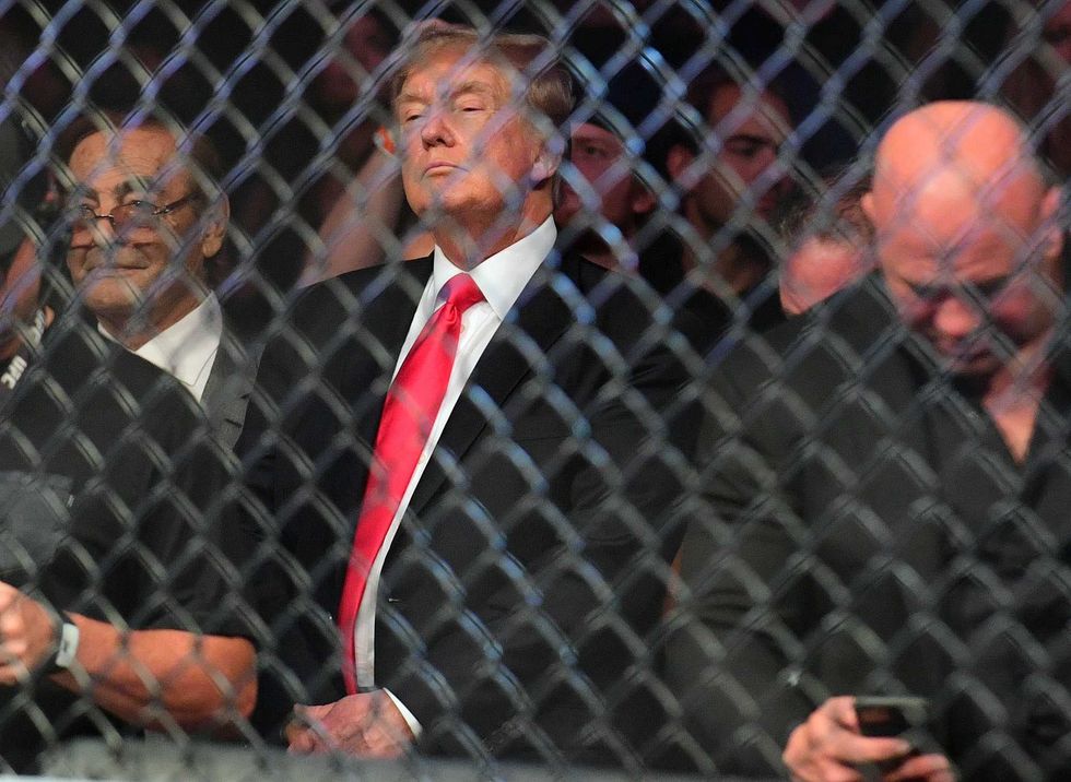 Former US President Donald Trump attends UFC 264 at T-Mobile Arena.
