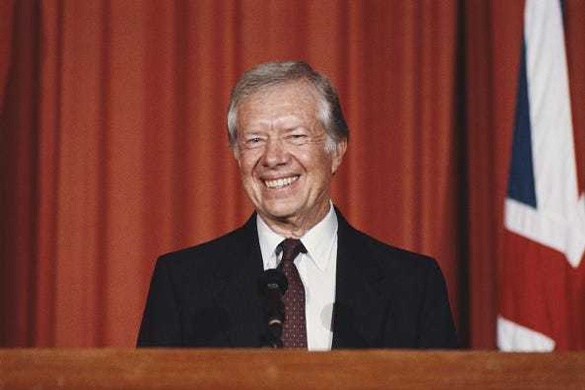 Former US President Jimmy Carter holds a press conference at the American Embassy in London, UK, 27th January 1986.