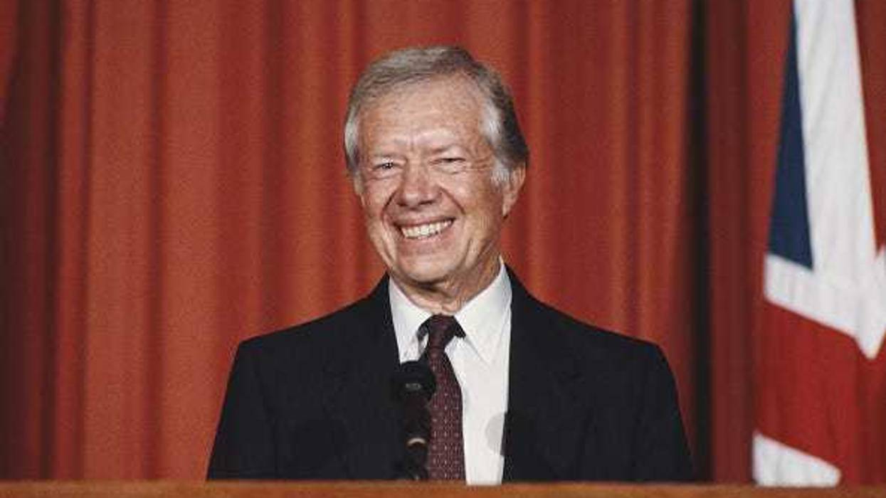 Former US President Jimmy Carter holds a press conference at the American Embassy in London, UK, 27th January 1986.