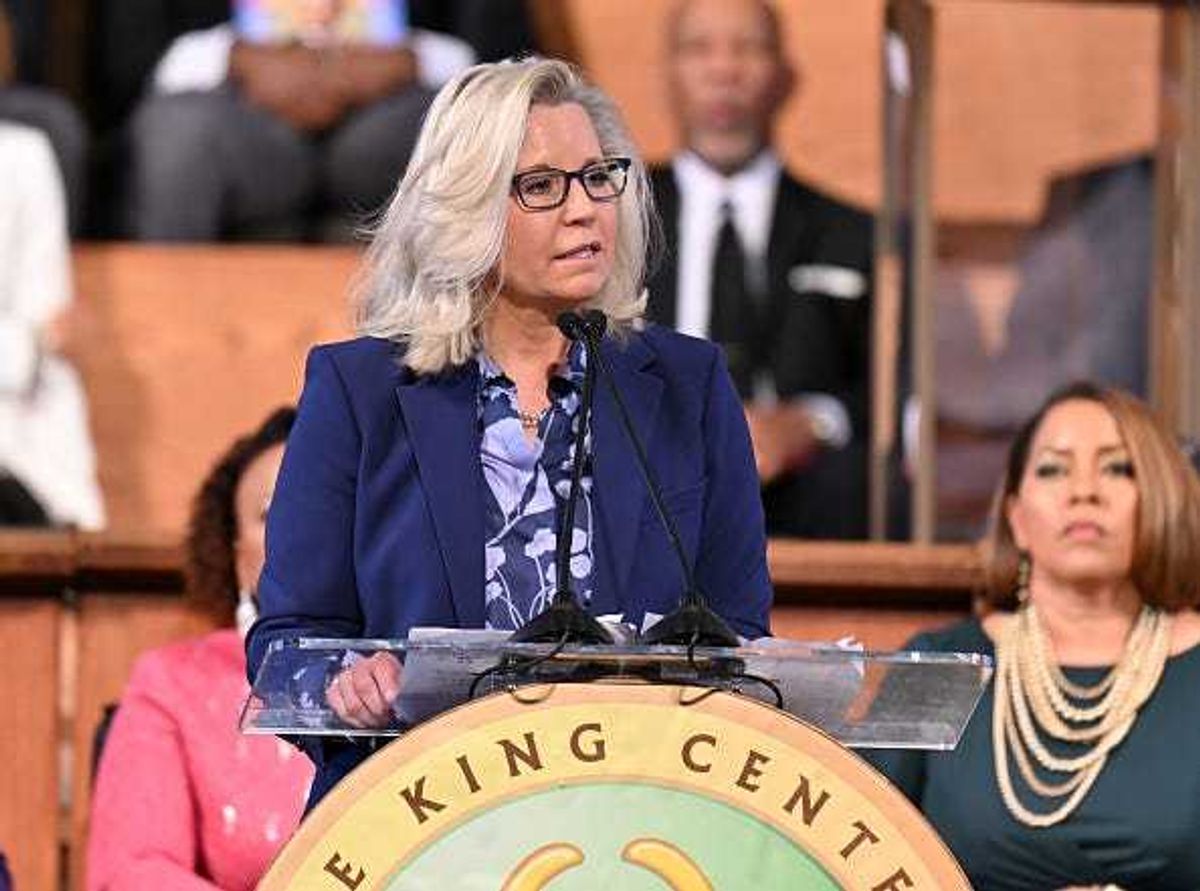 Former US Representative from Wyoming (R) Liz Cheney speaks onstage during the 2024 Martin Luther King, Jr. Beloved Community Commemorative Service at Ebenezer Baptist Church on January 15, 2024 in Atlanta, Georgia.