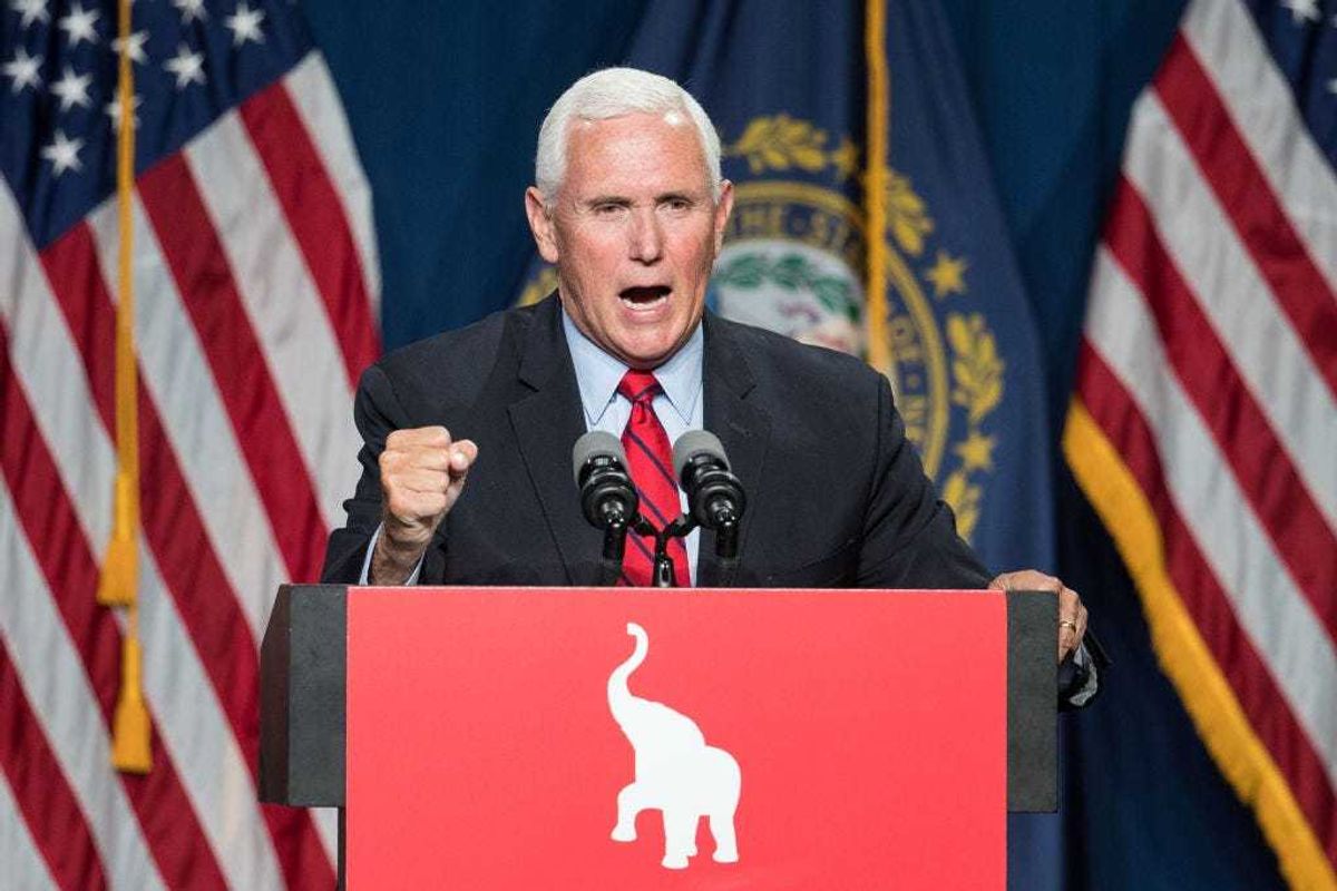 Former Vice President Mike Pence addresses the GOP Lincoln-Reagan Dinner on June 3, 2021 in Manchester, New Hampshire. Pence's visit to New Hampshire would be the first time back since he was Vice President. (Photo by Scott Eisen/Getty Images)