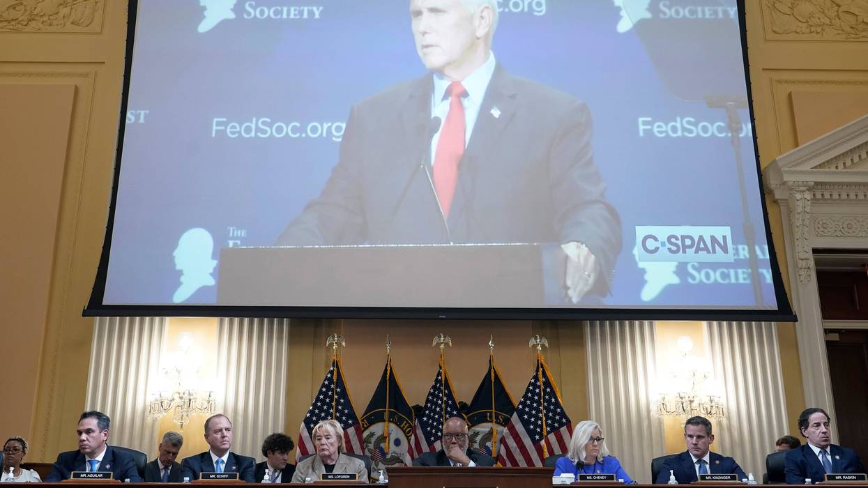 Former Vice President Mike Pence is seen on a screen during a hearing by the Select Committee to Investigate the January 6th Attack on the U.S. Capitol on June 09, 2022 in Washington, D.C.