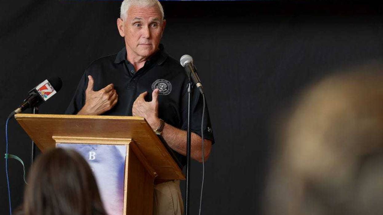 Former Vice President Mike Pence speaks at the Bremer County Republicans' Grill and Chill lunch on August 20, 2022 in Waverly, Iowa.