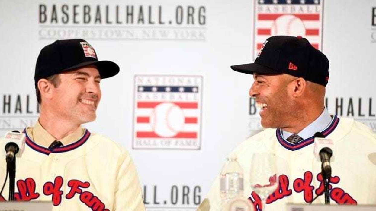 Former Yankees pitchers Mike Mussina (left) and Mariano Rivera (right) laugh during a Hall of Fame news conference on Jan. 23, 2019, in New York.