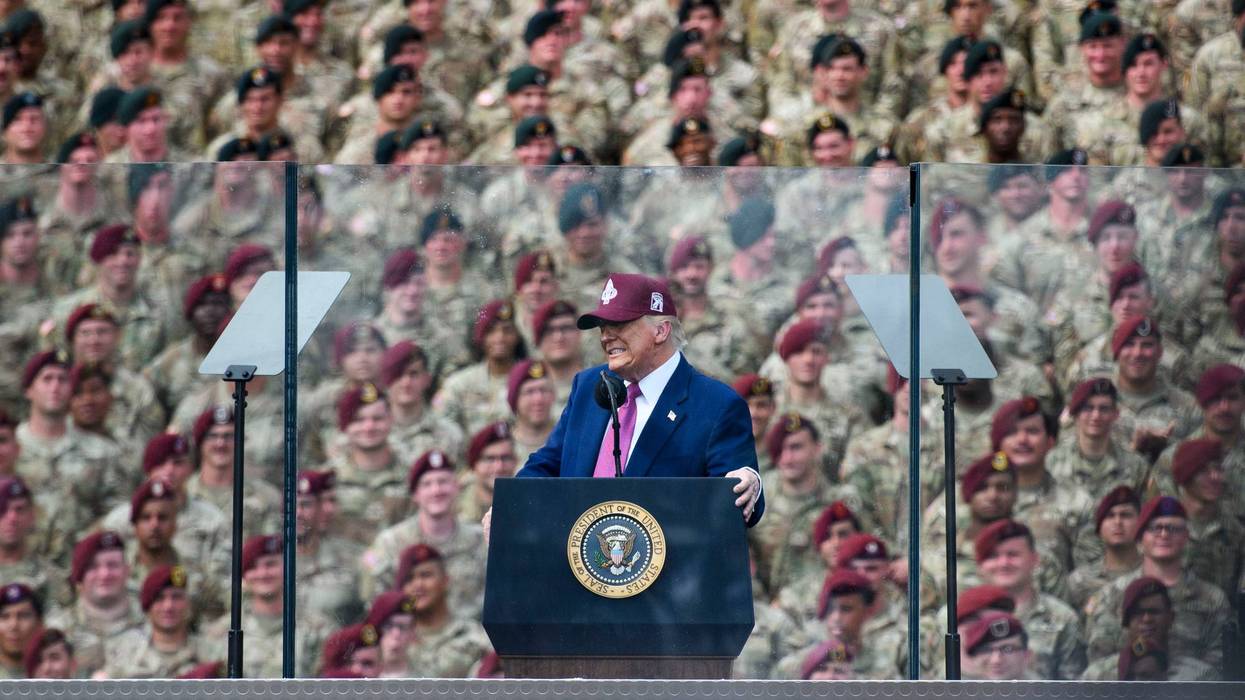 FORT BRAGG, NORTH CAROLINA - JUNE 10: U.S. President Donald Trump speaks during a rally with thousands of U.S. Army troops on June 10, 2025 at Fort Bragg, North Carolina. Trump traveled to Fort Bragg Army base to observe a military demonstration and give remarks in honor of the U.S. Army’s 250th anniversary. (Photo by Melissa Sue Gerrits/Getty Images)