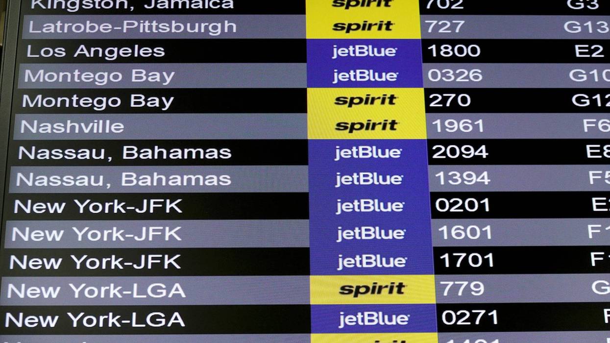 FORT LAUDERDALE, FLORIDA - MAY 16: JetBlue Airlines and Spirit Airlines are seen on the departure board in the Fort Lauderdale-Hollywood International Airport on May 16, 2022 in Fort Lauderdale, Florida. JetBlue announced it is taking a hostile position in its effort to acquire Spirit Airlines. Spirit previously rejected a takeover offer from JetBlue, favoring an earlier deal to merge with Frontier airlines.