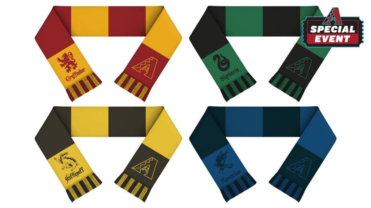 Four Hogwarts house scarves (Gryffindor, Slytherin, Hufflepuff, Ravenclaw) with A logo & special event.