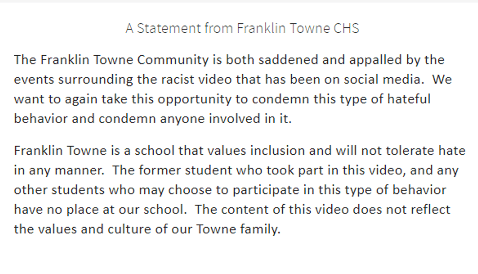 Franklin Towne Charter High School administrators posted this response on the school