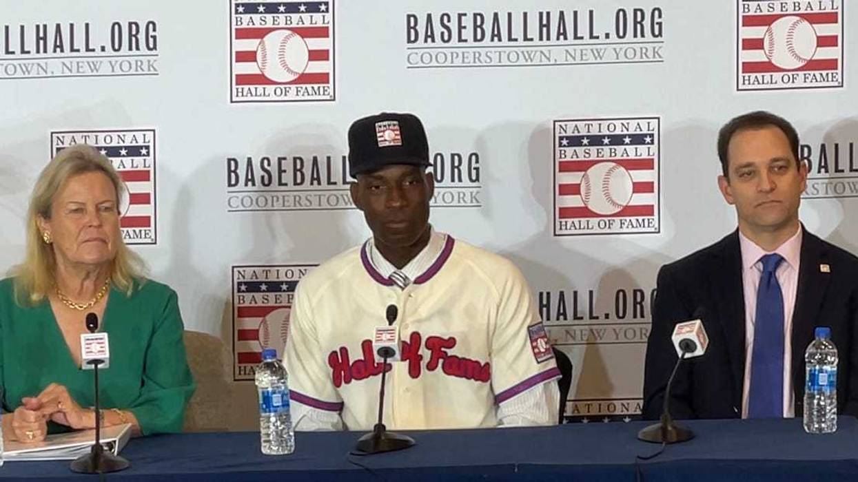 Fred McGriff at a press conference discussion his election to the Baseball Hall of Fame