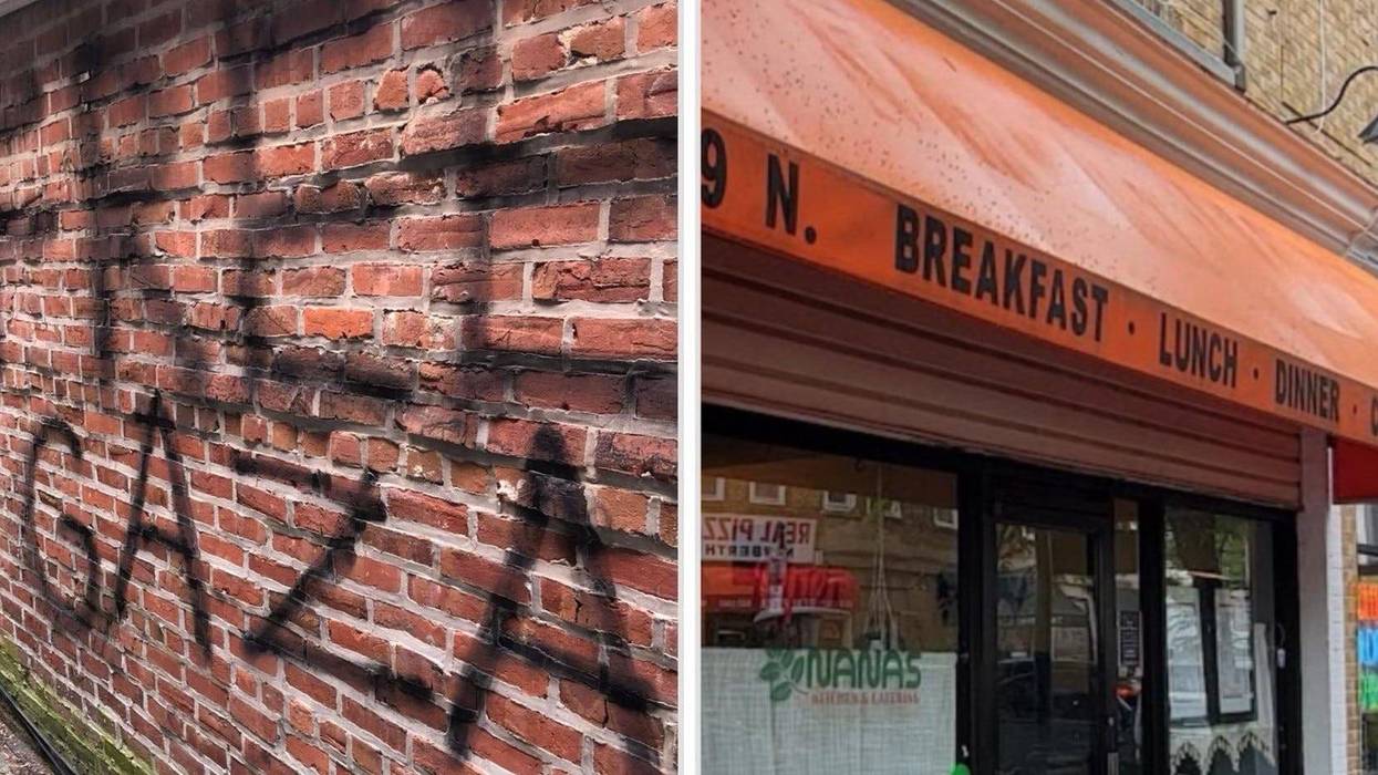 "Free Gaza" graffiti spray-painted onto the wall of Nana's Kitchen and Catering in Narberth.