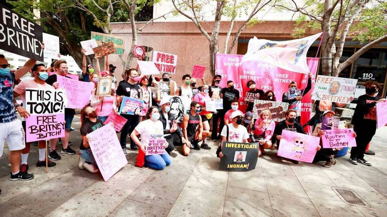 #FreeBritney activists protest outside Courthouse in Los Angeles during Conservatorship Hearing on April 27, 2021 in Los Angeles, California.