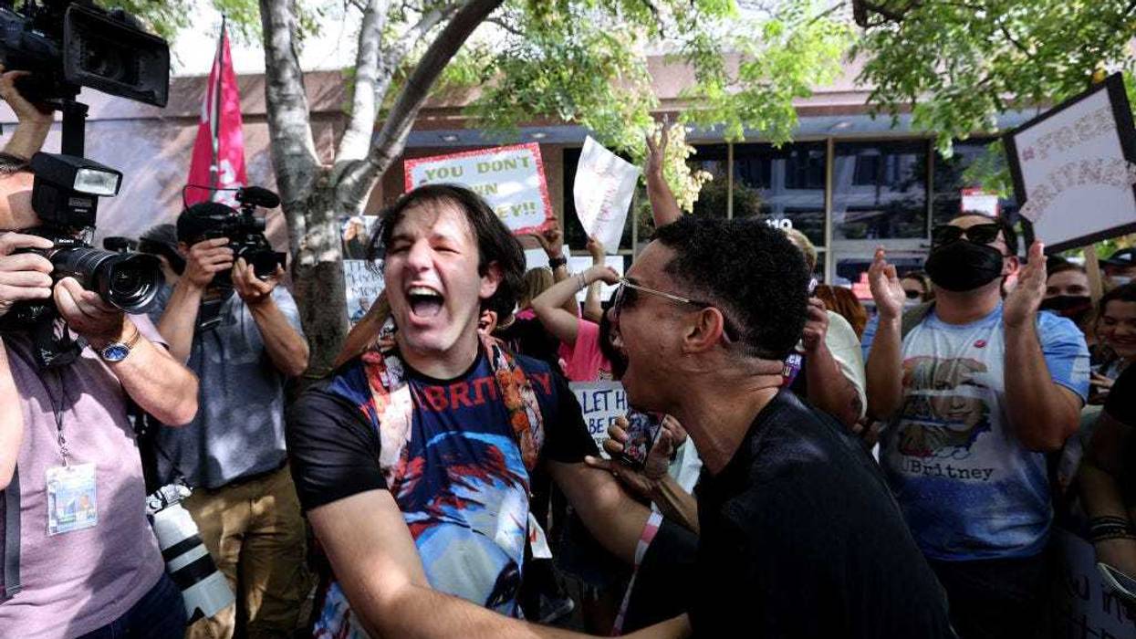 #FreeBritney activists react after news that Britney Spears' father, Jamie Spears, was removed by a judge as conservator of her estate at the Stanley Mosk Courthouse on September 29, 2021 in Los Angeles,.