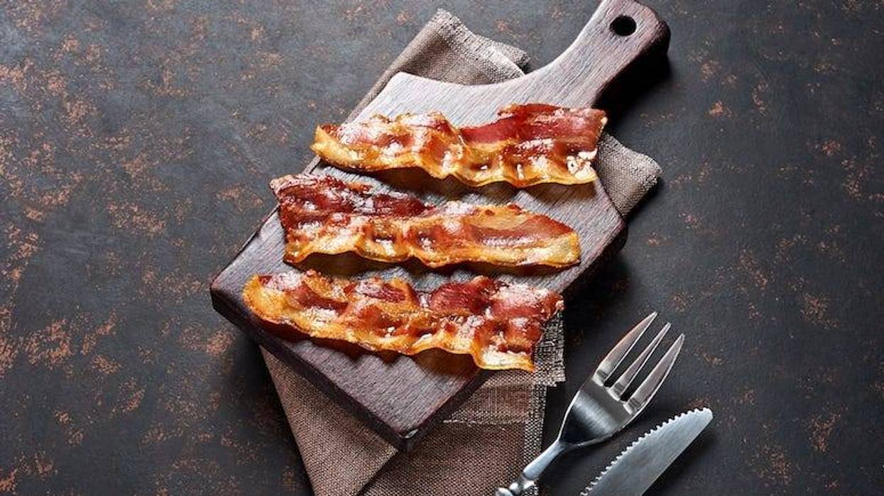 Fried Bacon, Wooden Cutting Board, Fork, Knife