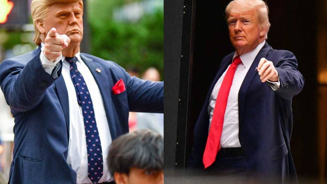 From left: A Donald Trump impersonator performs outside Trump Tower in Manhattan on July 18, 2021; Former U.S. President Donald Trump arrives to Trump Tower in Manhattan on July 18, 2021.