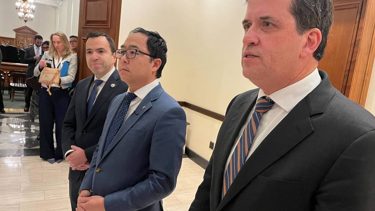 From left: Attorney General Matt Platkin, Sen. Andy Kim, and Acting Comptroller Kevin Walsh speak out against the proposed bill ahead of a committee meeting on Monday, Dec. 1, 2025.