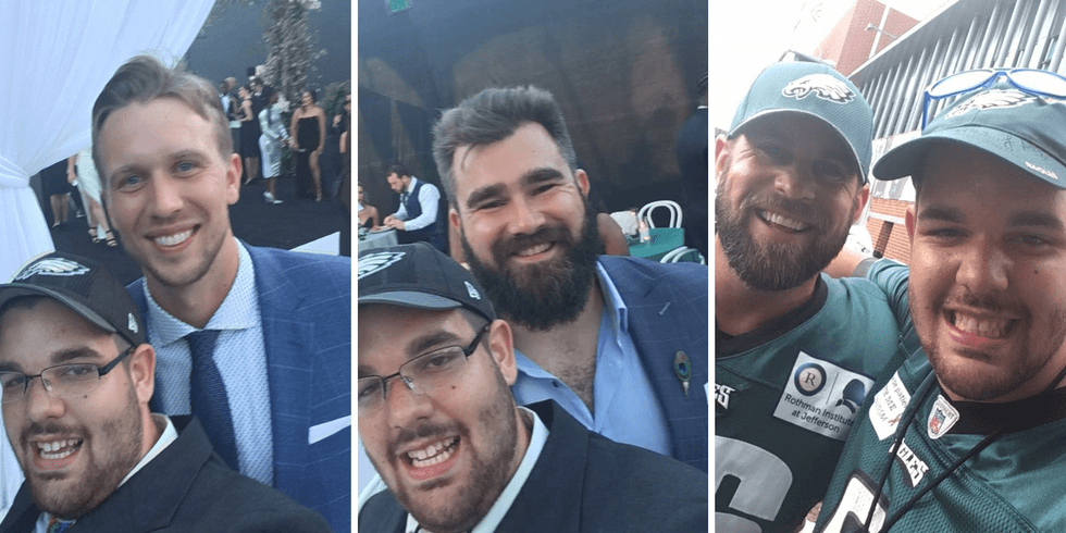 From left: Ben Hartranft takes selfies with Super Bowl-winning Eagles QB Nick Foles, center Jason Kelce and former Eagle Jon Dorenbos.