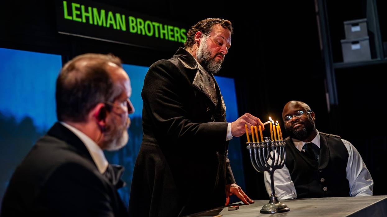 From left: Charlie DelMarcelle (Emanuel Lehman), Scott Greer (Henry Lehman), and Akeem Davis (Mayer Lehman) in the Arden Theatre Company’s 2024 production of “The Lehman Trilogy. ”