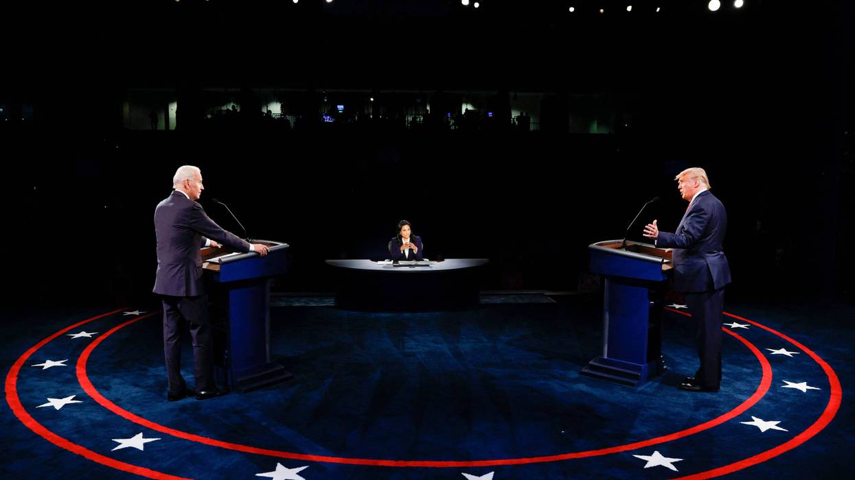 From left: Democratic candidate Joe Biden, moderator NBC News anchor Kristen Welker, and Republican candidate Donald Trump participate in a presidential debate at Belmont University in Nashville, Tennessee, on Oct. 22, 2020.
