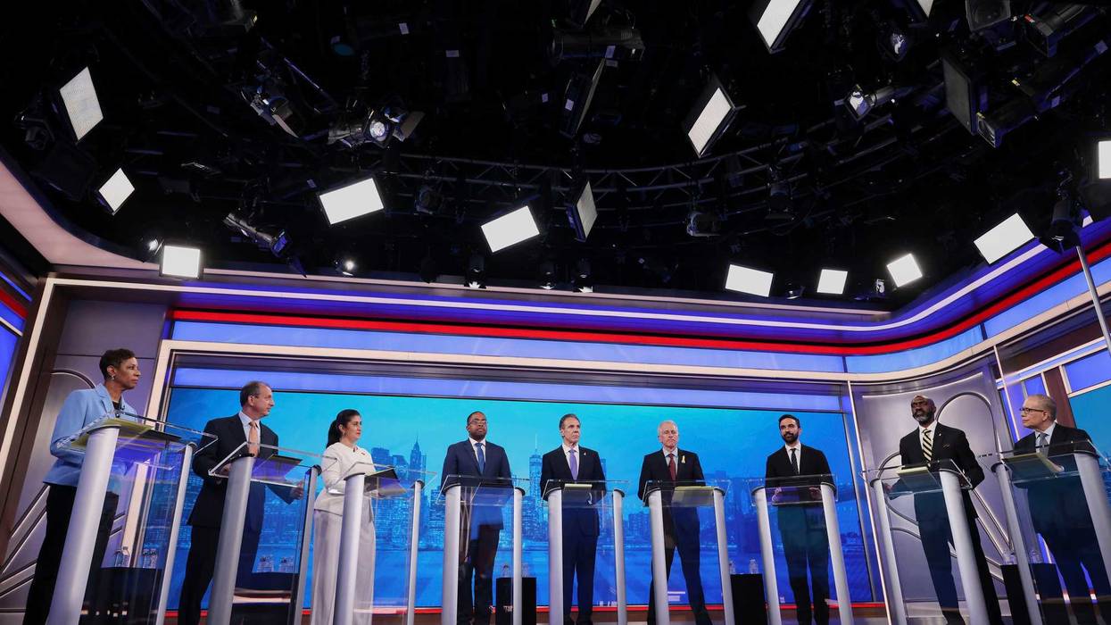From left, Democratic mayoral candidates Adrienne Adams, Brad Lander, Jessica Ramos, Zellnor Myrie, Andrew Cuomo, Whitney Tilson, Zohran Mamdani, Michael Blake and Scott Stringer participate in the New York City Democratic Mayoral Primary Debate at NBC Studios on June 4, 2025