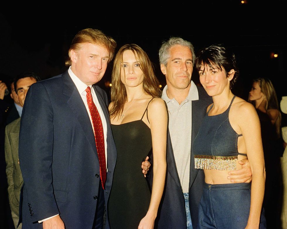 From left, Donald Trump and his then-girlfriend (and future wife), former model Melania Knauss, Jeffrey Epstein, and Ghislaine Maxwell pose together at the Mar-a-Lago club, Palm Beach, Florida, February 12, 2000.
