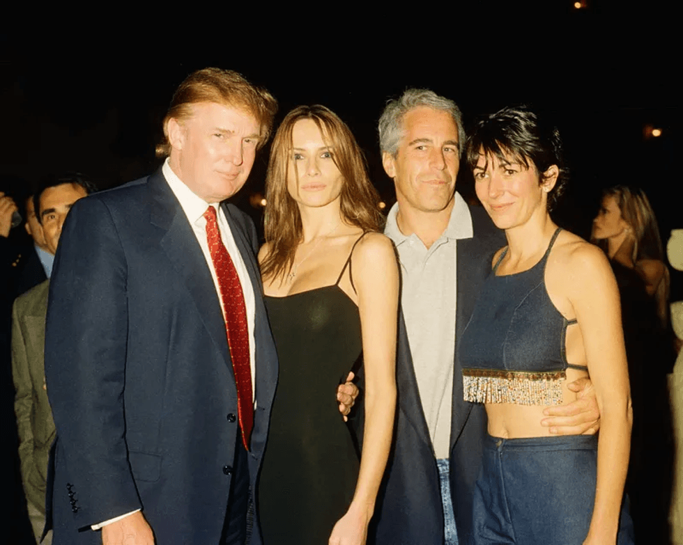 From left, Donald Trump and his then-girlfriend (and future wife), former model Melania Knauss, Jeffrey Epstein, and Ghislaine Maxwell pose together at the Mar-a-Lago club, Palm Beach, Florida, February 12, 2000.