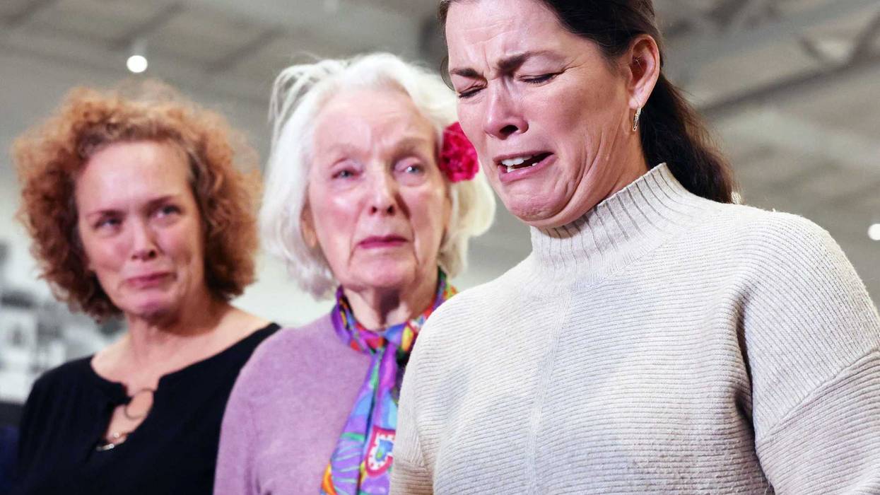 From left, Elin Schran, Tenley E. Albright and Nancy Kerrigan weep during a press conference at the Skating Club of Boston on Thursday, Jan. 30, 2025.