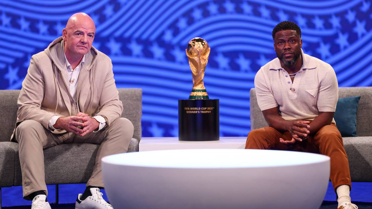 From left: FIFA President Gianni Infantino with Kevin Hart during the FIFA World Cup 2026 match schedule announcement on Sunday, in Miami, Florida.
