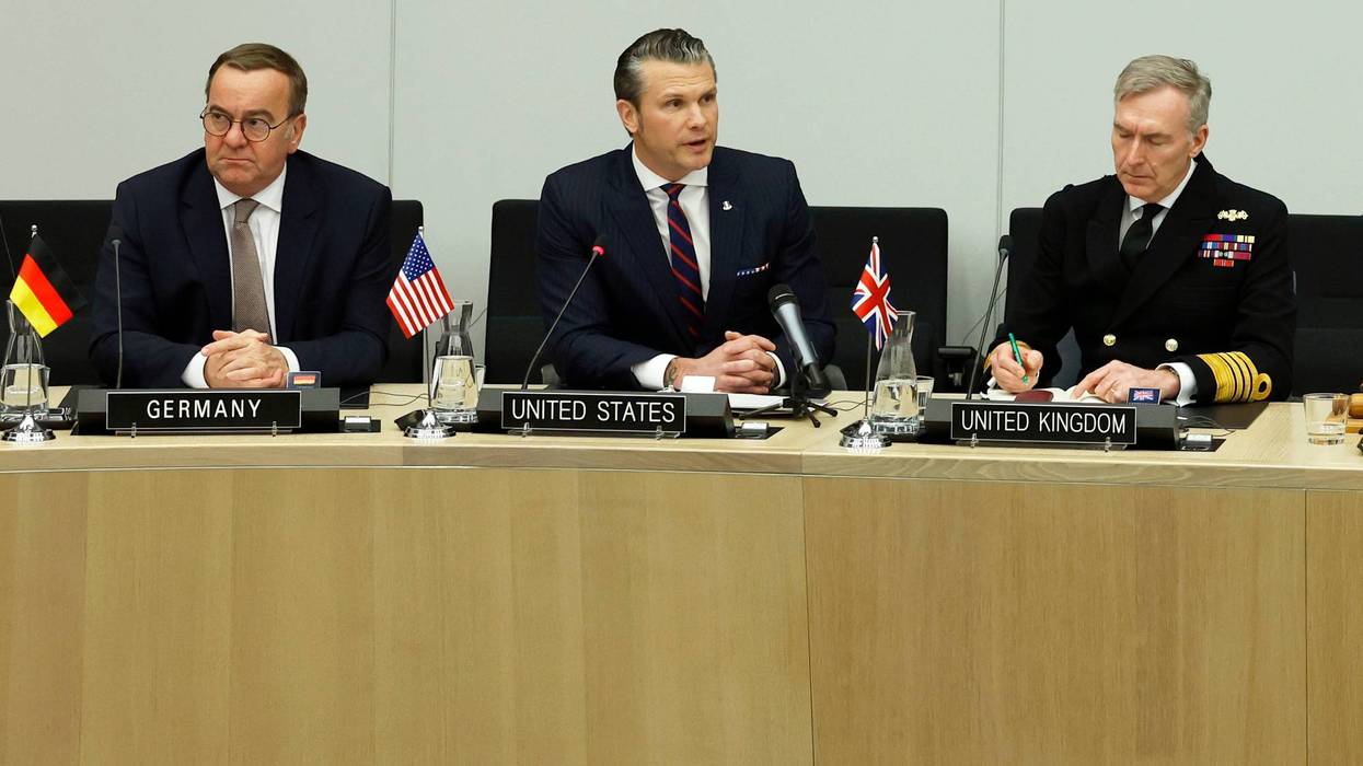 From left, Germany's Defense Minister Boris Pistorius,United States Secretary of Defense Pete Hegseth and Britian's Chief of Defense Admiral Sir Tony Radakin