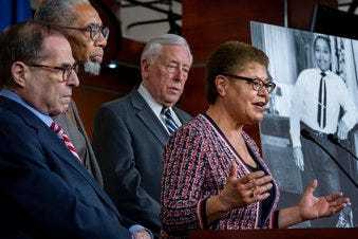 From left, House Judiciary Committee Chairman Jerrold Nadler, D-N.Y., Rep. Bobby Rush, D-Ill., House Majority Leader Steny Hoyer, D-Md., and Rep. Karen Bass, D-Calif., chair of the Congressional Black Caucus. (AP Photo/J. Scott Applewhite)