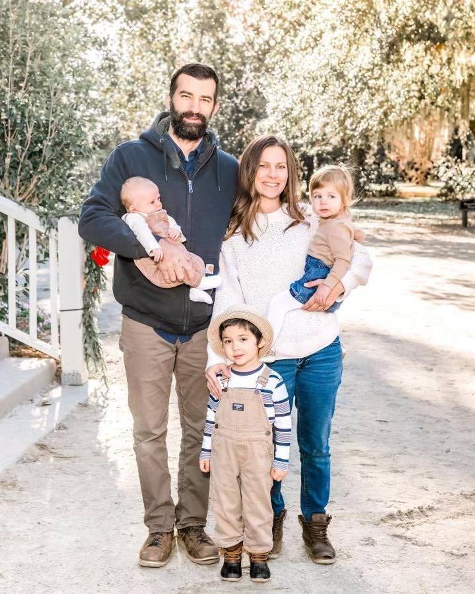 From left: Jim Sheils holds son Conrad; Kaite Seley holds daughter Matilda; son Jack stands in front.
