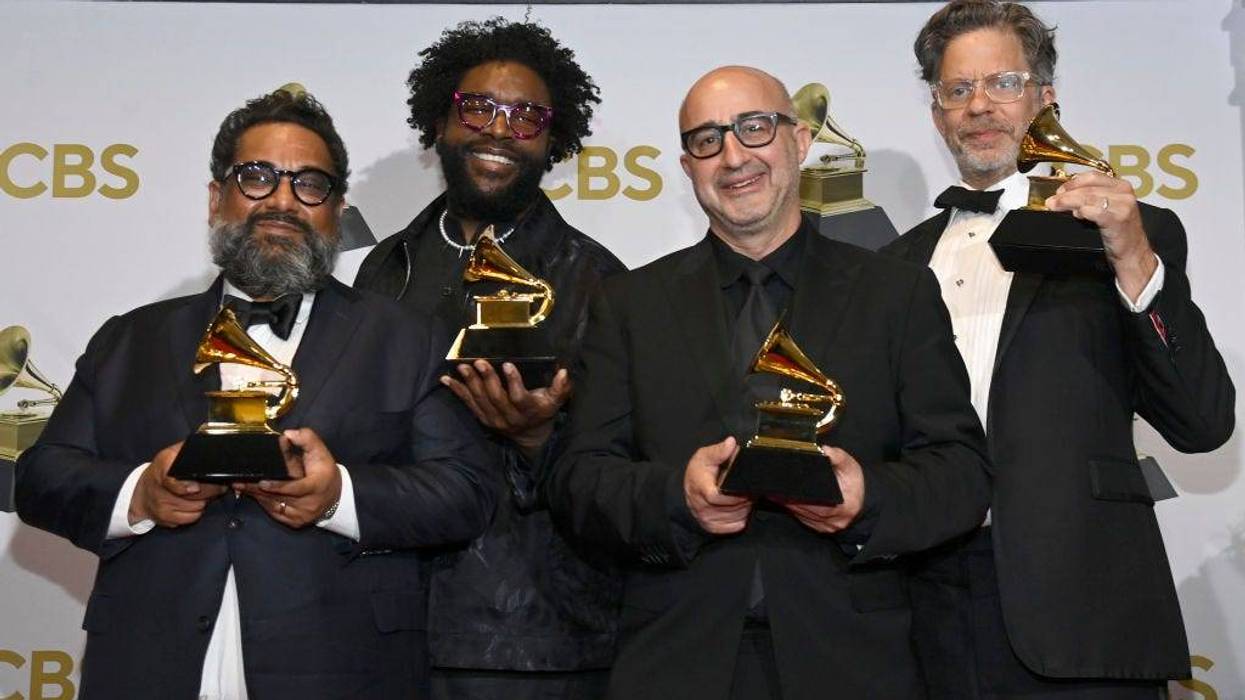 From left: Joseph Patel, Questlove, David Dinerstein and Robert Fyvolent, winners of the Best Music Film "Summer of Soul," pose during the 64th Annual Grammy Awards, April 3, 2022.