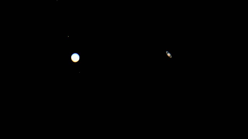 From left: Jupiter and Saturn appear about 1/10 of a degree apart during an astronomical event known as a Great Conjunction on Dec. 21, 2020. The planets, which remain about 450 million miles apart in space, had not appeared this close together from Earth