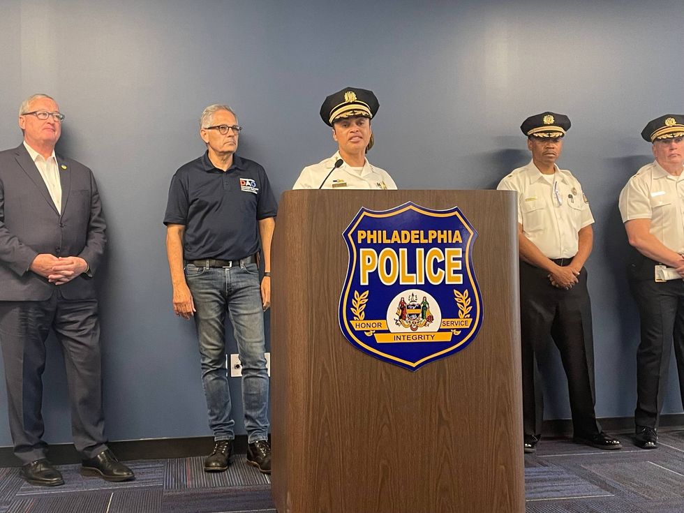 From left: Mayor Jim Kenney, District Attorney Larry Krasner, Police Commissioner Danielle Outlaw and Staff Inspector Ernest Ransom brief the media on a Monday night