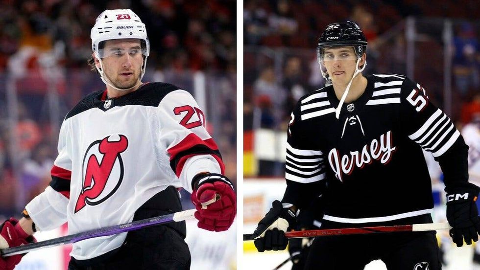 From left: New Jersey Devils center Michael McLeod and defenseman Cal Foote