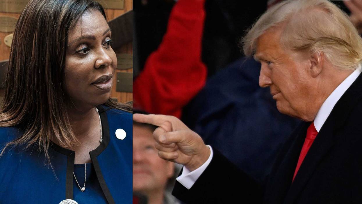 From left: New York State Attorney General Letitia James speaks at a news conference on September 20, 2020 in Rochester, New York. Former US President Donald Trump holds a rally sponsored by Save America with Ted Budd, Madison Cawthorn, Bo Hines, Dan Bishop, Mark Robinson and Greg Murphy in Selma, NC, on April 9, 2022. (photo composite)