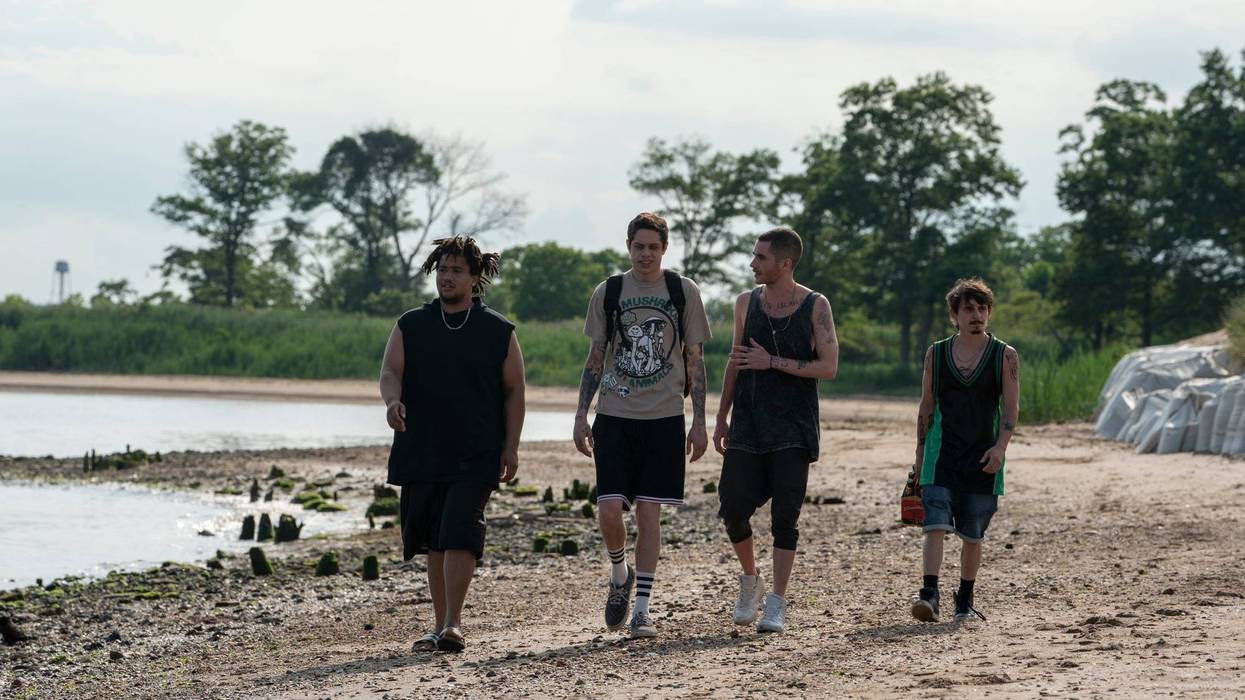 (from left) Richie (Lou Wilson), Scott Carlin (Pete Davidson), Oscar (Ricky Velez) and Igor (Moises Arias) in "The King of Staten Island," directed by Judd Apatow.