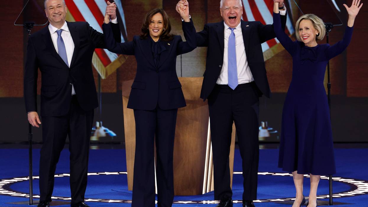 From left: Second gentleman Doug Emhoff, Democratic presidential nominee, Vice President Kamala Harris, Democratic vice presidential nominee Minnesota Gov. Tim Walz and Minnesota first lady Gwen Walz