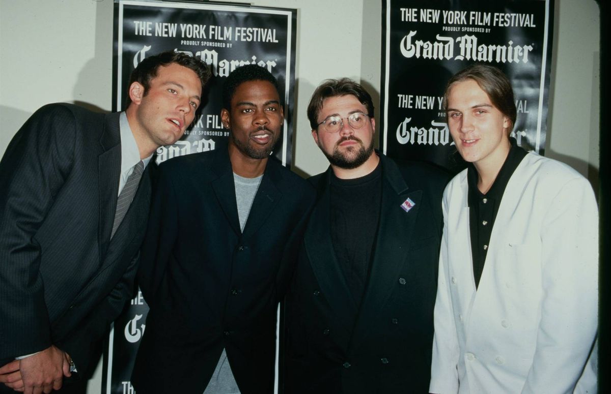 From left to right, Ben Affleck, Chris Rock, Kevin Smith and Jason Mewes promote 'Dogma' at the New York Film Festival in 1999.