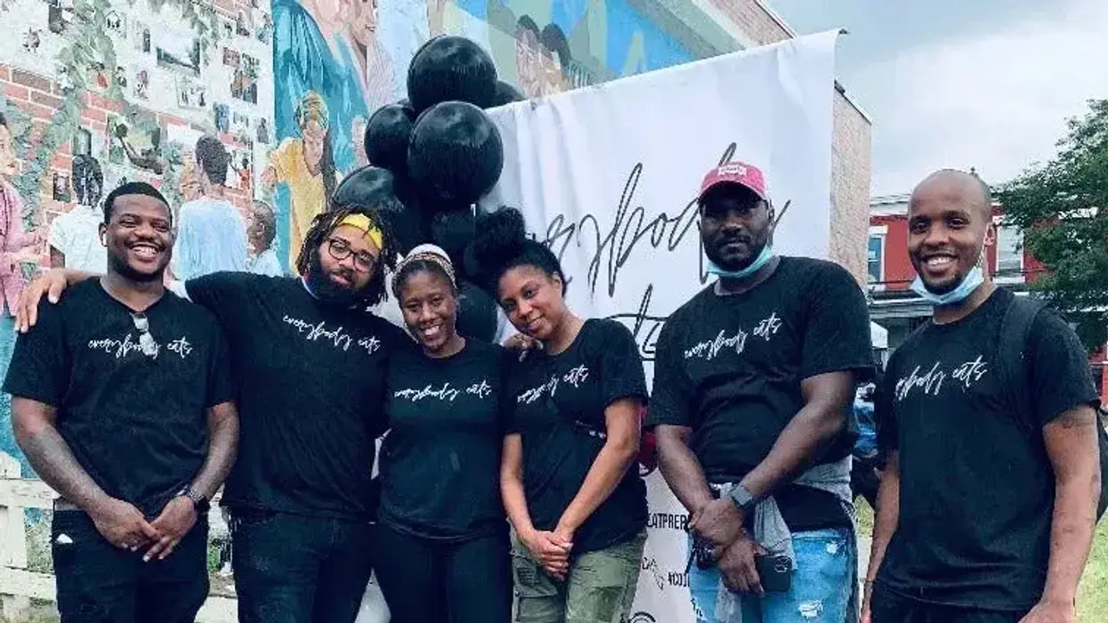 From left to right: Everybody Eats Philly chefs Elijah Milligan, Kurt Evans, Aziza Young, Stephanie Nicole Willis, Gregory Headen and Malik Ali at the first Juneteenth food drive in 2020.