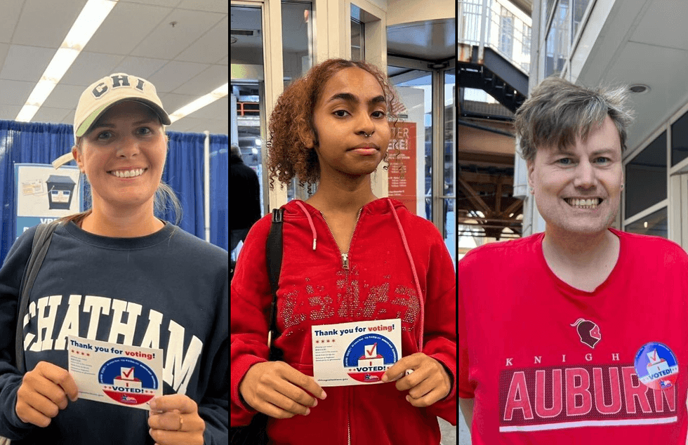 From left to right: Hanna Wade, Brielle Ward and Alexis Anderson, who all cast a ballot on the first day of early voting in Chicago for the 2024 general election.