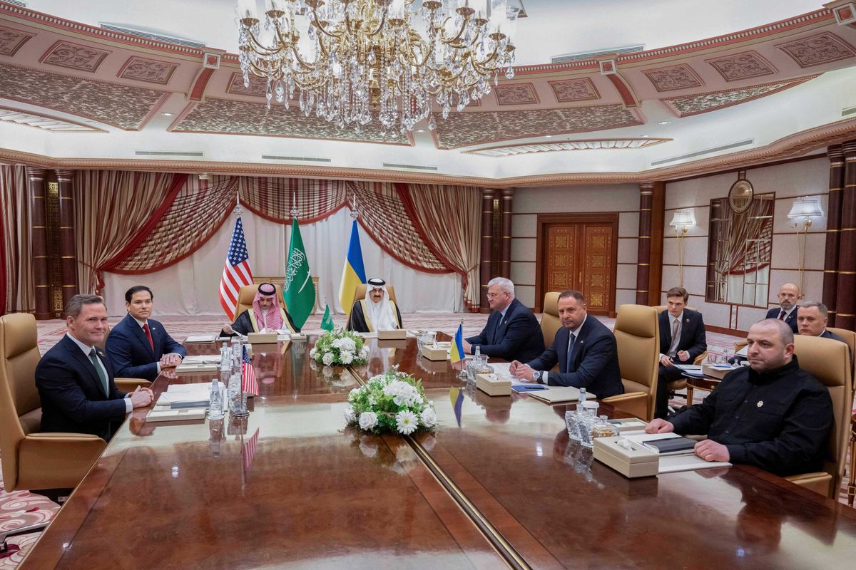 From left, US National Security Advisor Mike Waltz, US Secretary of State Marco Rubio, Saudi Foreign Minister Prince Faisal bin Farhan Al Saud, Saudi National Security Advisor Mosaad bin Mohammad al-Aiban, Ukrainian Foreign Minister Andrii Sybiha, Ukrainian Head of Presidential Office Andriy Yermak, and Ukrainian Minister of Defense Rustem Umerovto, hold a meeting in Jeddah, Saudi Arabia, Tuesday, March 11, 2025.