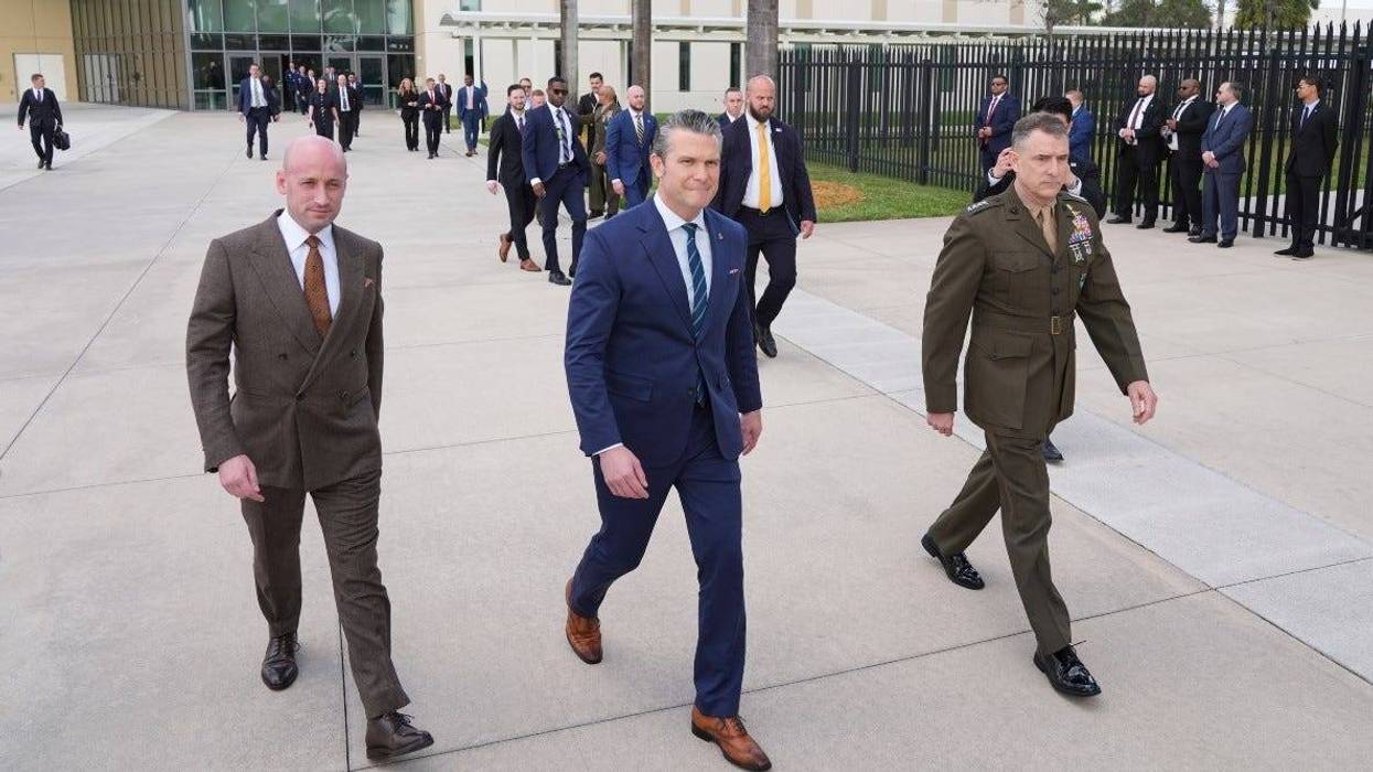 From left, White House deputy chief of staff Stephen Miller, Defense Secretary Pete Hegseth and Gen. Francis L. Donovan, Commander of the Southern Command, arrive at the inaugural Americas Counter Cartel Conference at U.S. Southern Command in Doral, Fla., Thursday, March 5, 2026.