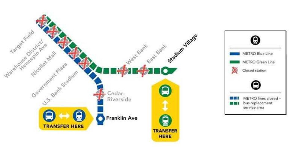 From10pm Wednesday until Monday the 14th buses will replace Blue Line trains between Franklin Ave. and Target Field and Green Line trains between Stadium Village and Target Field stations.