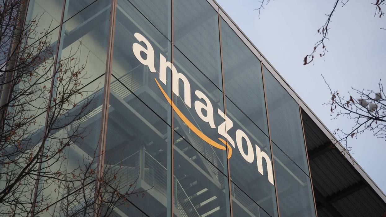front of an Amazon building