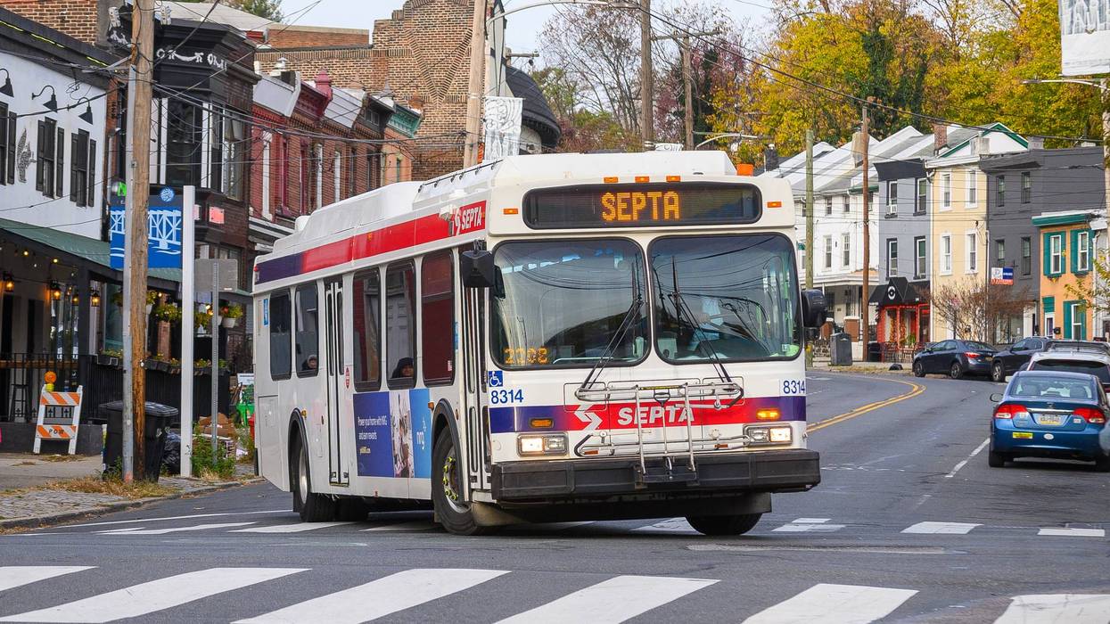 Front of SEPTA bus as it makes a turn around a corner