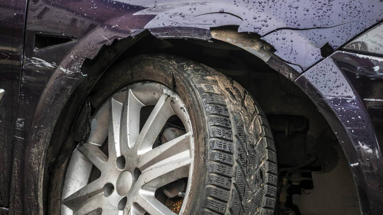 Front wheel of a car in an accident.