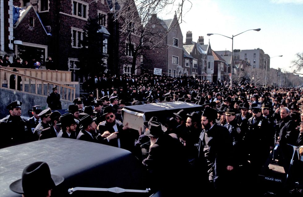 Funeral at Lubavitcher HQ for Yeshiva student Ari Halberstam, killed by a terrorist on the Brooklyn Bridge, March 6, 1994.