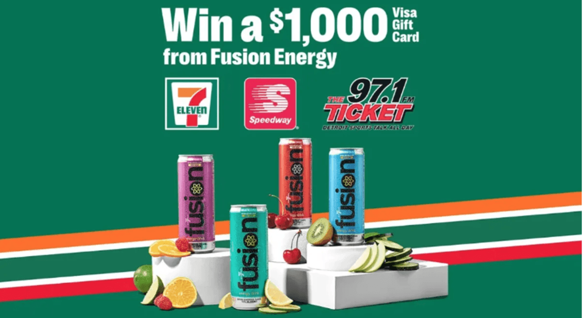 Fusion Energy drink contest: Win $1,000 Visa Gift Card. Features 4 colorful cans and fresh fruits.