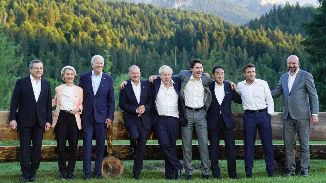 G7 leaders pose for a group photo on the first day of the three-day G7 summit at Schloss Elmau on June 26, 2022 near Garmisch-Partenkirchen, Germany.